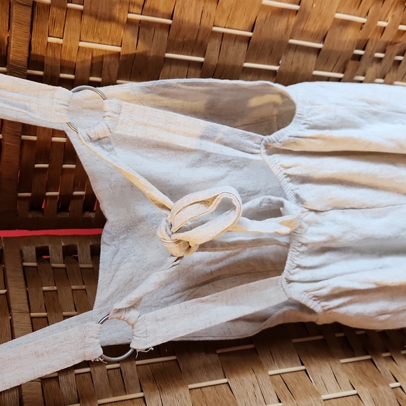 STORIA Tan Linen, Jumper / Romper Open Back Tie Up, Mini Shorts & Ruffle Pattern - Picture 4 of 11